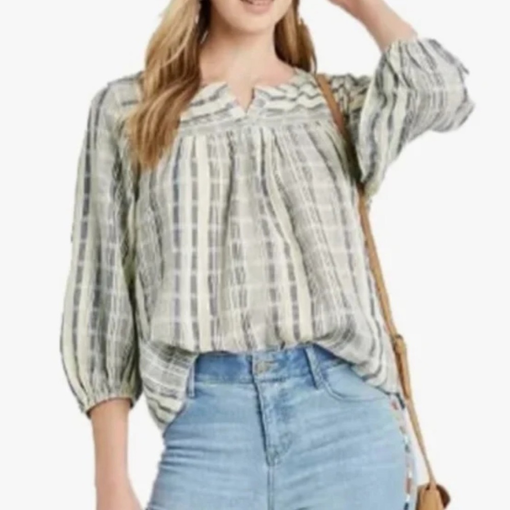 Knox Rose Boho Blouse Women XL Cream Blue Stripe